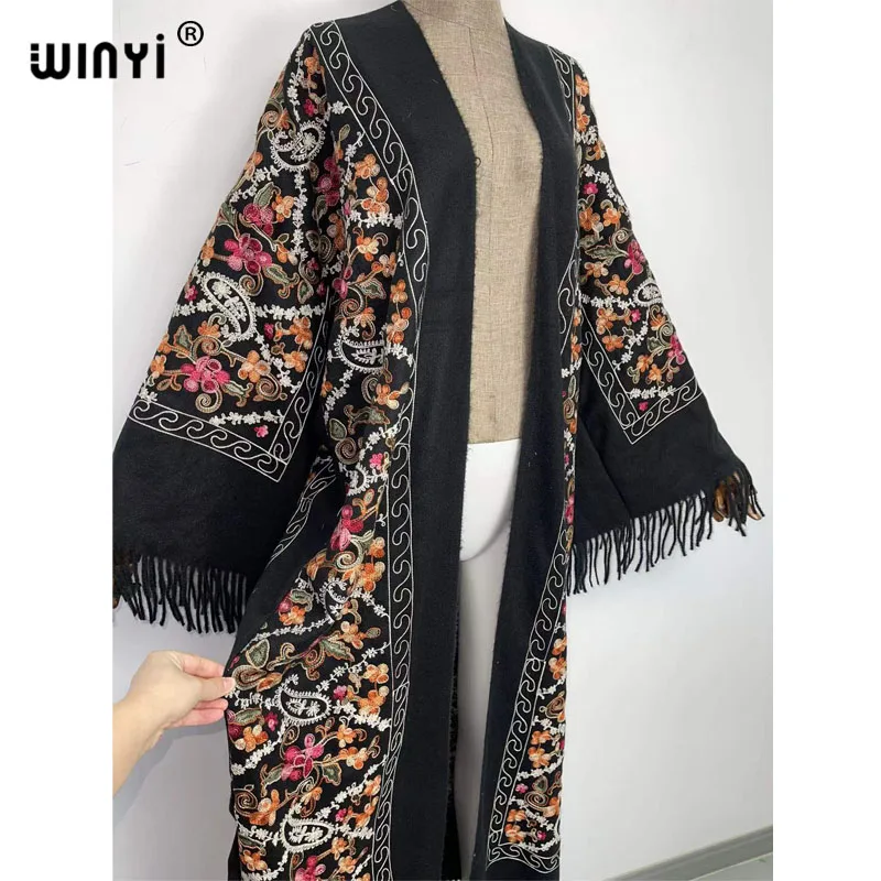 WINYI Winter Women tassel Pashmina Embroidery Long Coat Loose Lapel robe femme Thick Warm free size Middle East Female KIMONO