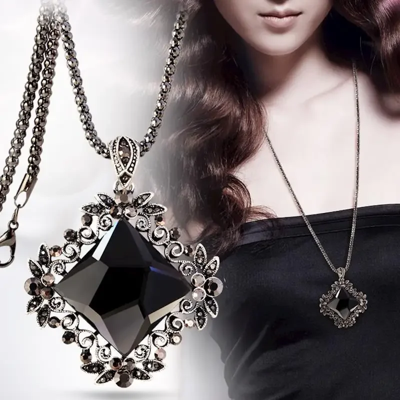 Vintage Initial Crystal Square Long Pendant Necklace Women New Fashion Jewelry Wholesale Sweater Necklaces