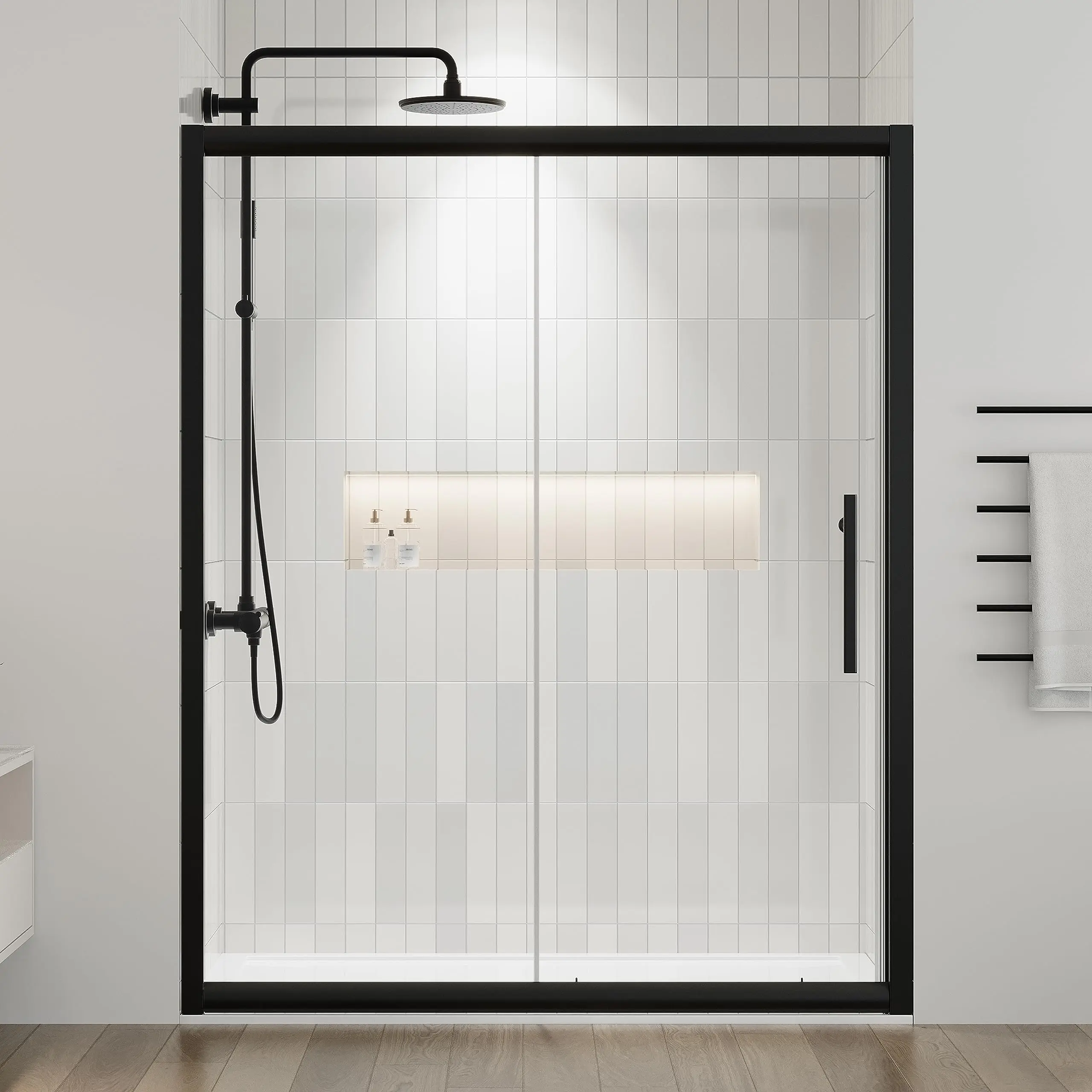 60.in W x 72.in Semi-Frameles Black Shower Door with Clear Tempered Glass and Easy Roller System, Sliding Shower Door with Water