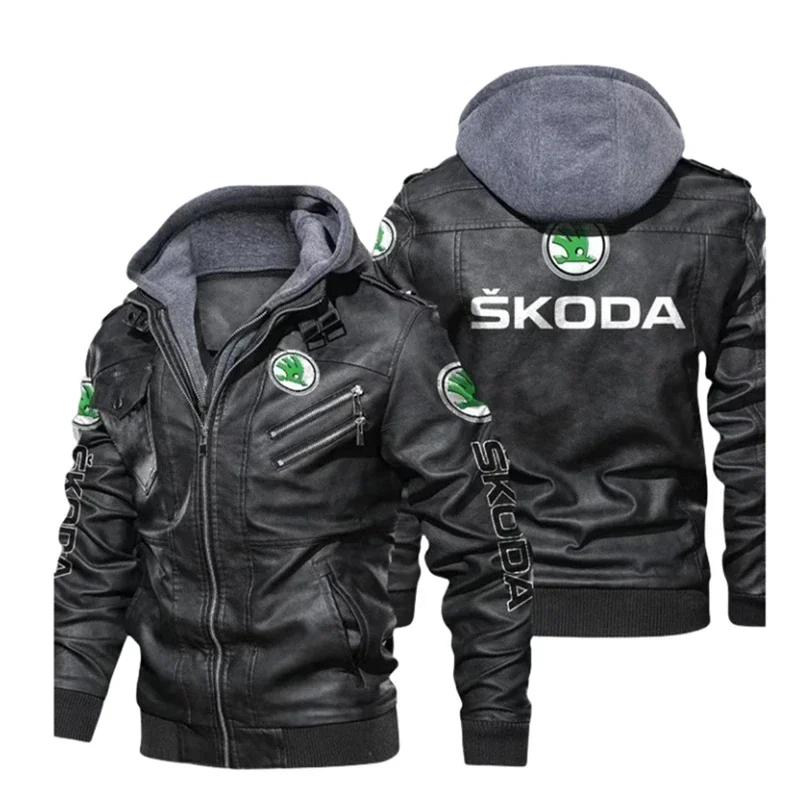 New Winter Men's Pu Leather Skoda Car Logo Long Sleeve Zipper Hooded Jacket Fleece-lined Fashion Keep Warm Coat