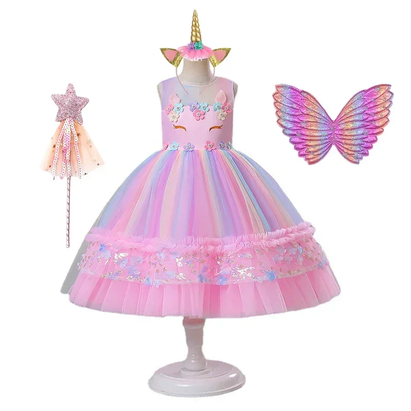 Purim Unicorn Girls Dress Kids Birthday Party Princess Costume For Halloween Cosplay Christmas Children Ball Stage Disfraz Mujer