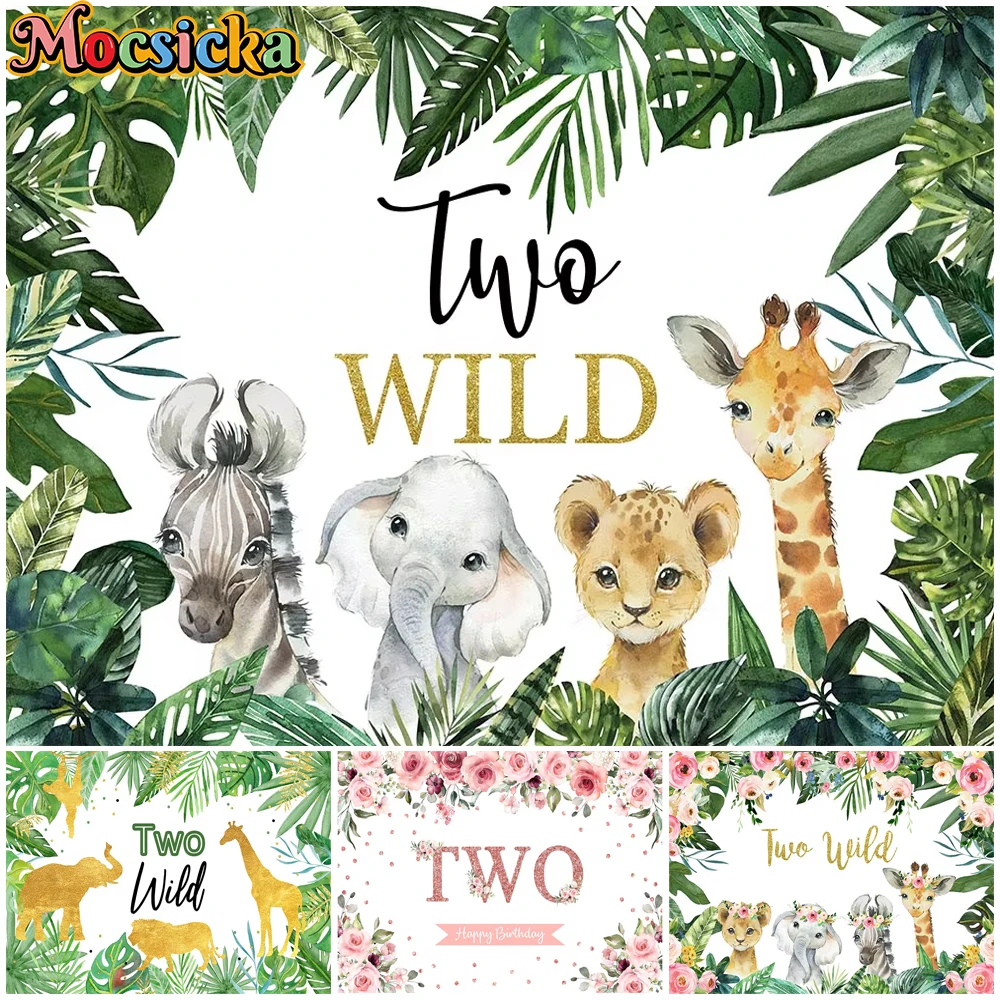 

Mocsicka Birthday Backdrop Woodland Green Leaves Two Wild Animal Theme Party Decoration Kid Baby Newborn Photo Background Banner