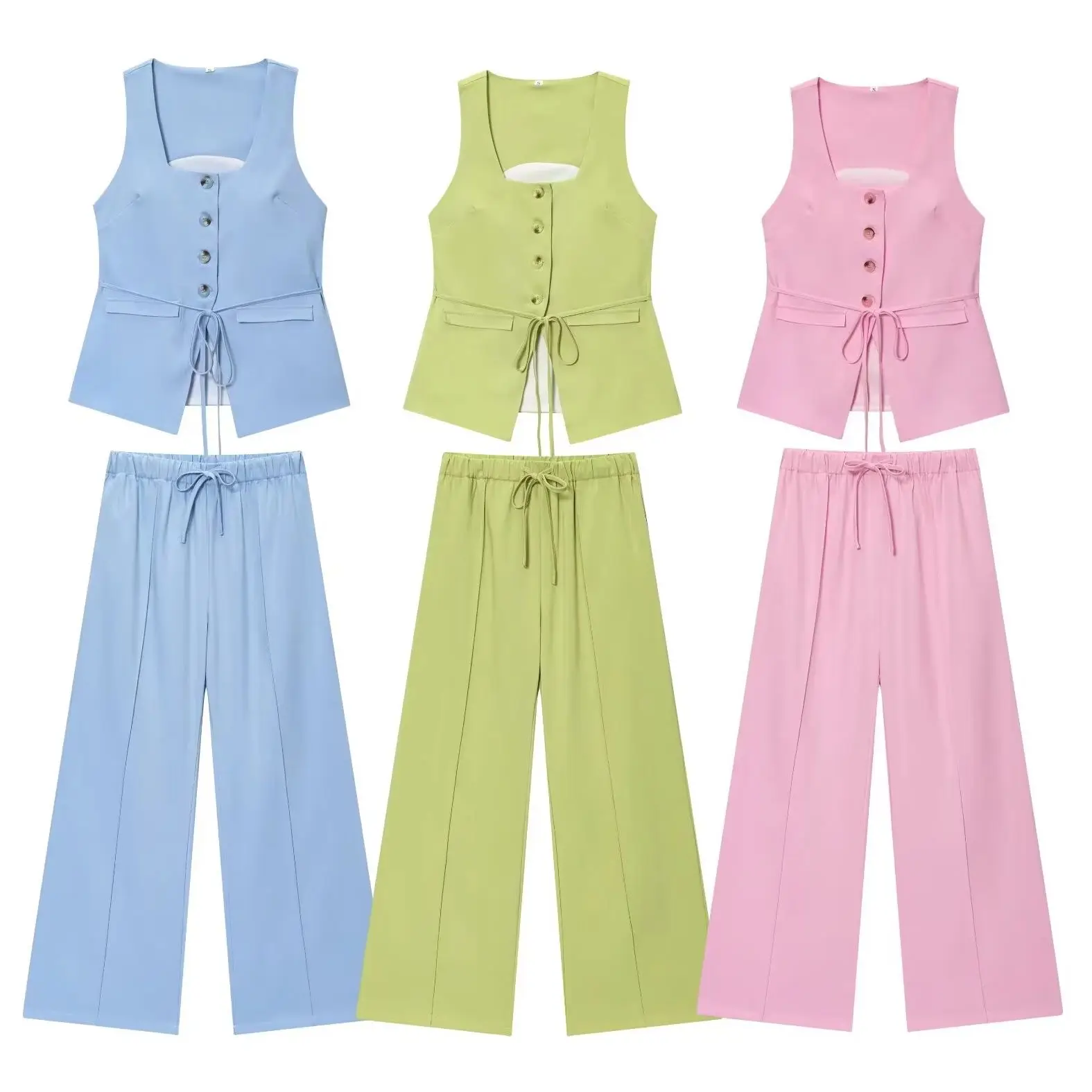 

KONDALA шикарный повседневный зеленый модный женский костюм 2025 года, однобортный жилет на шнуровке + широкие длинные брюки, уличная одежда, комплект для вечеринки Y2K