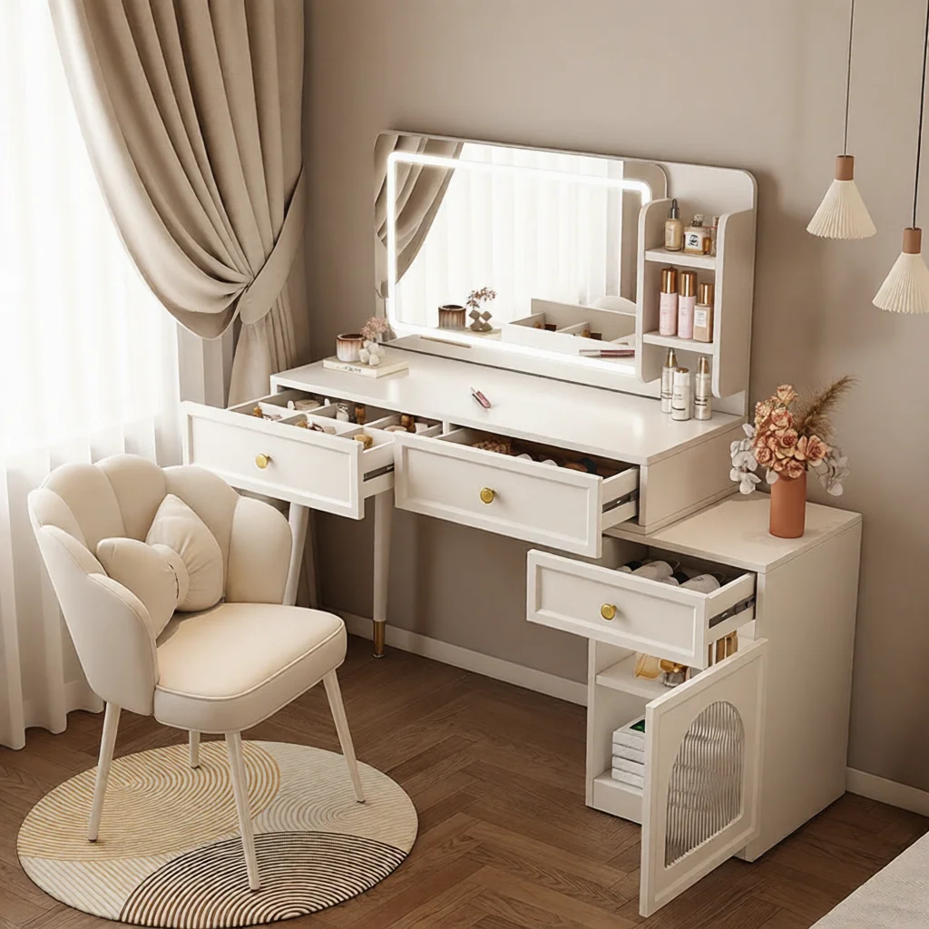 #Modern Bedroom Dressing Table Makeup Vanity Set with Standing LED Lighted Mirror Eco-Friendly Storage