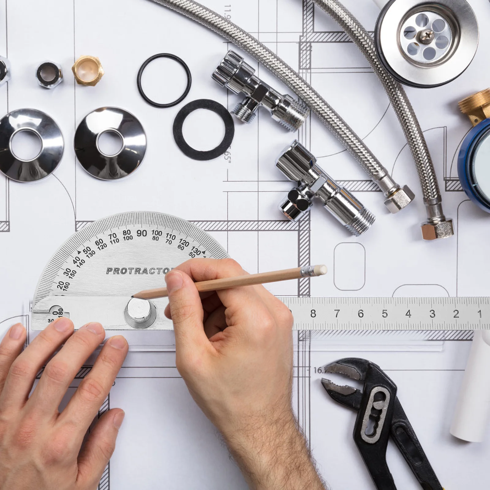 

Angle Gauge Stainless Steel Protractor Two-Arm Design Rotating Angle Measure Tool For Woodworking Bevels Marking Radial Lines