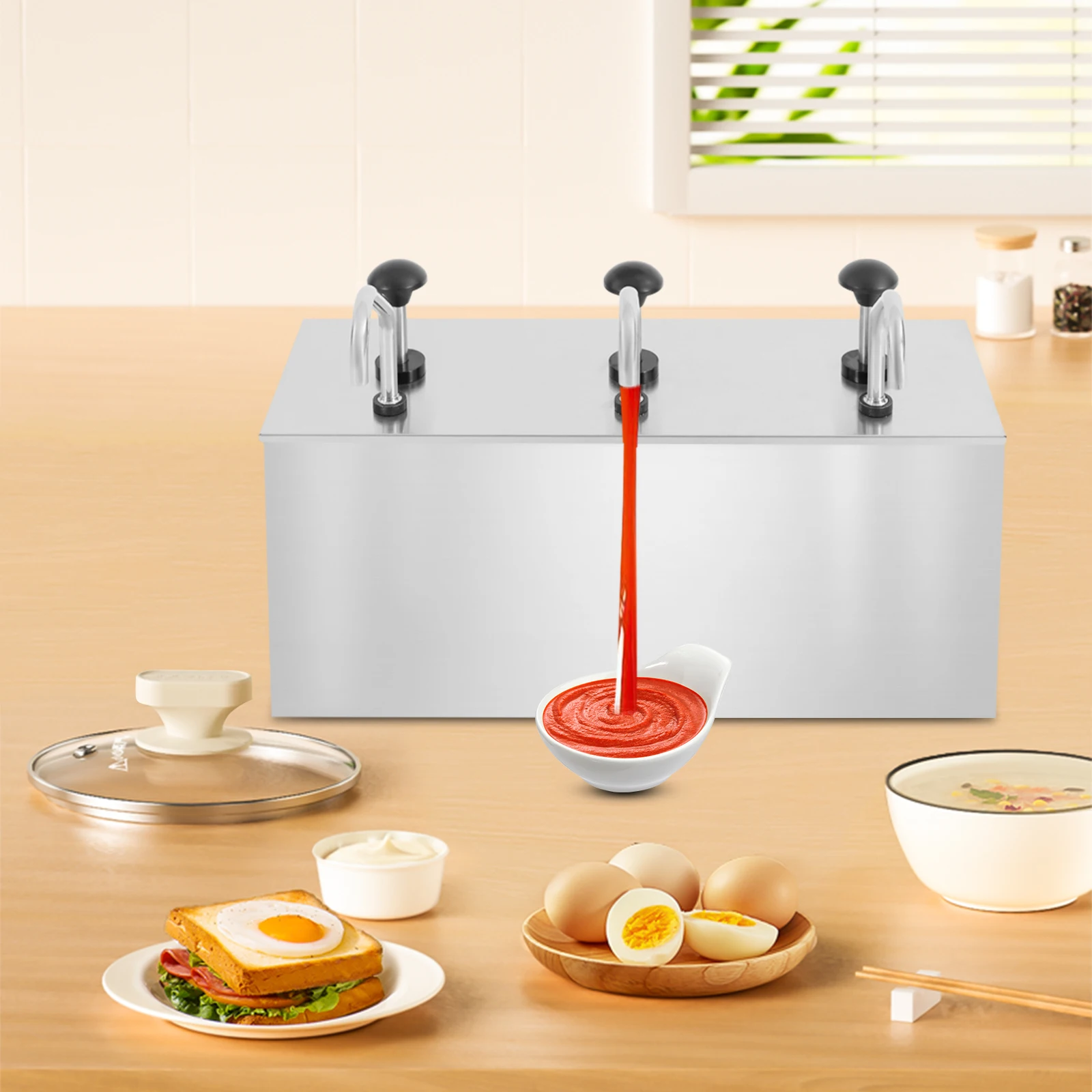 Rechteckiger Tischspender aus Edelstahl mit 3 Pumpköpfen für Sojasoße, 3x4L, für Küche, dünne Soßen und Gewürze – Detail 6