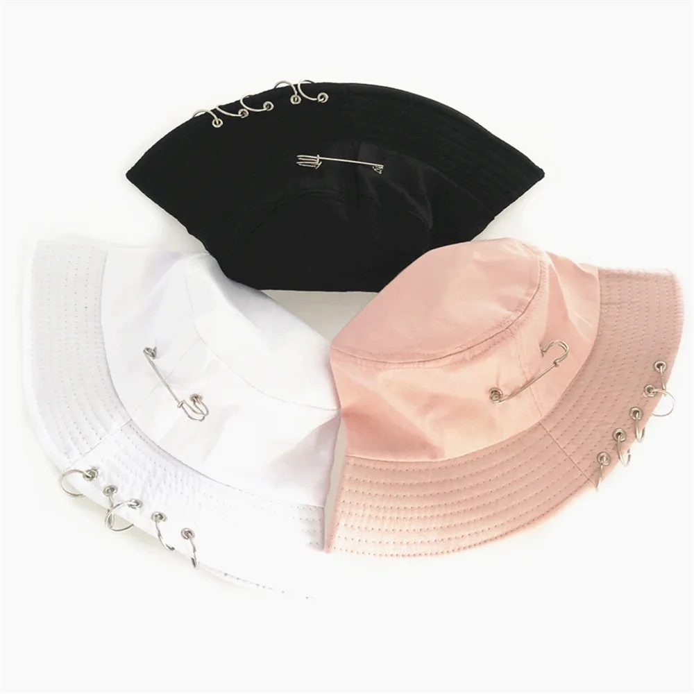 Cotton Bucket Hat Unisex Solid Color Fishermen Cap with Iron Rings Personality Design