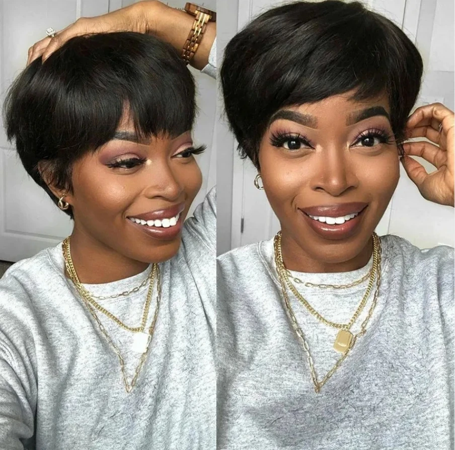 SEVENMOONS Pixie cut Straight Human Hair Short Bob Wig Cheap Remy Human Hair for Black Women Full Machine Made Wig For Daily Use