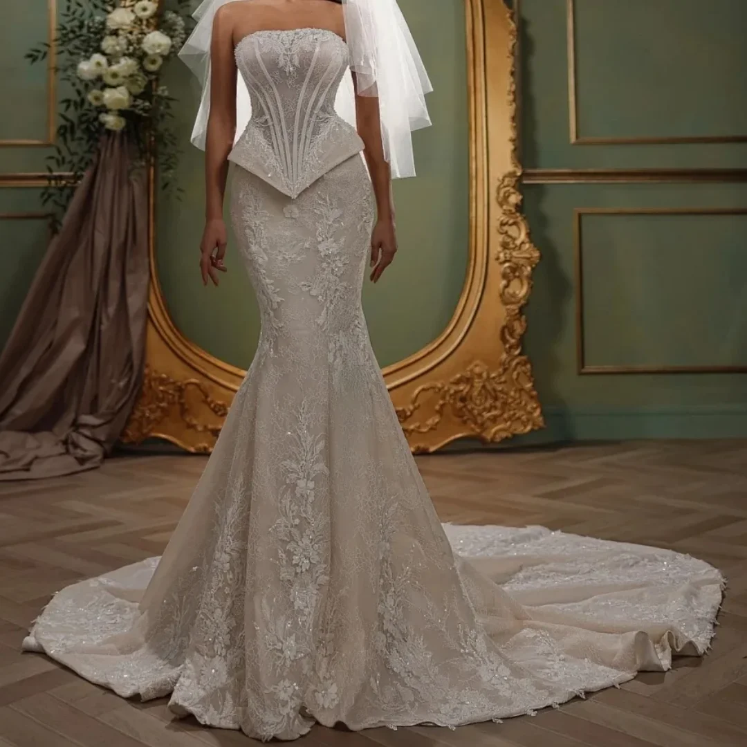 

Elegant Sleeveless Sequined Bridal Gown Sweep Train Bride Dresses Simple Strapless Lace Mermaid Wedding Dress Customized