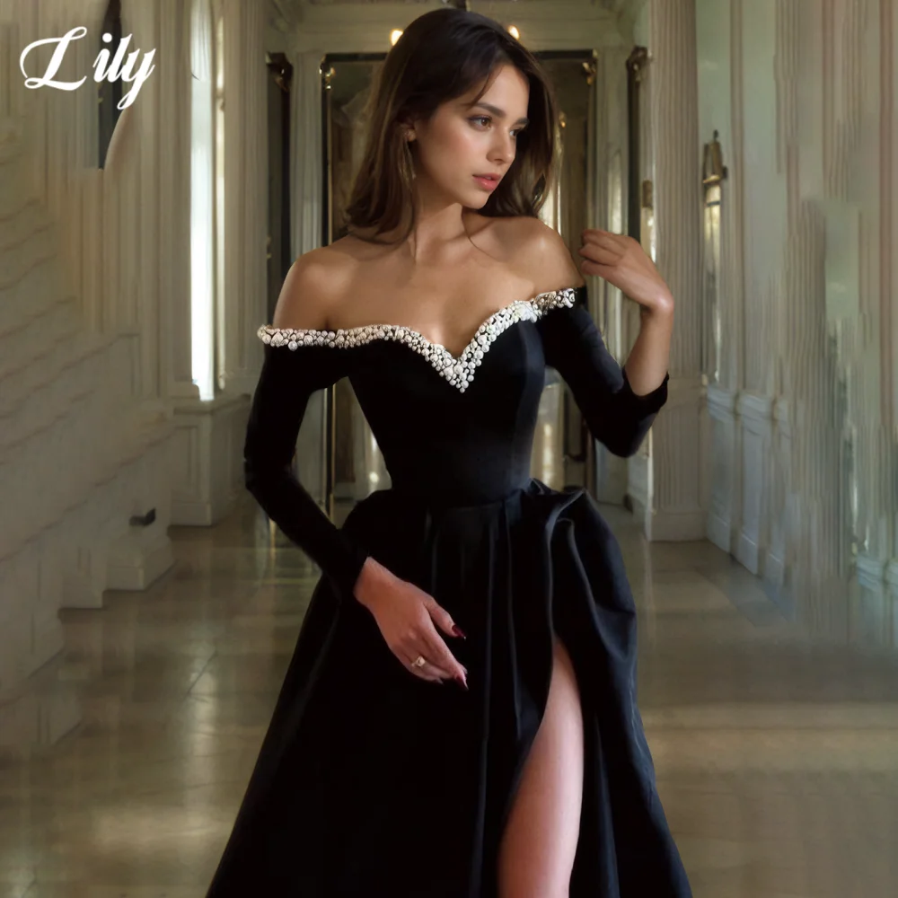 Lily Black Elegant Evening Gown V-Neck Three-Quarter Sleeves Prom Dress with Pearl Satin Side High Split Formal Gown Customized