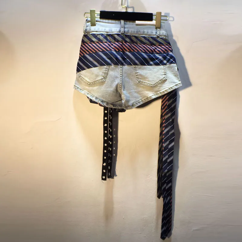 유럽풍 패션 반바지, 2025 여름 신상 스플라이싱 컬러 프린지 스트리머 하이웨이스트 얇은 탄성 데님 반바지 여성용, 핫팬츠