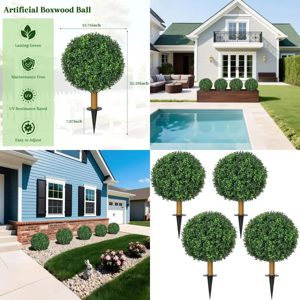 Set of 4 Artificial Boxwood Topiary Trees - 25.6 UV-Resistant Outdoor Greenery with Ground Spikes for Porch, Garden, and Planter
