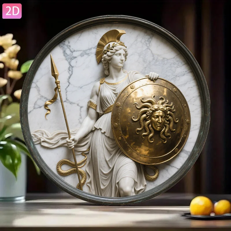 Athena Greek Goddess Medusa Shield Round Metal Sign, 2D Flat Print Mythology Wall Art, Weatherproof Antique Style Decor Tin Plaq