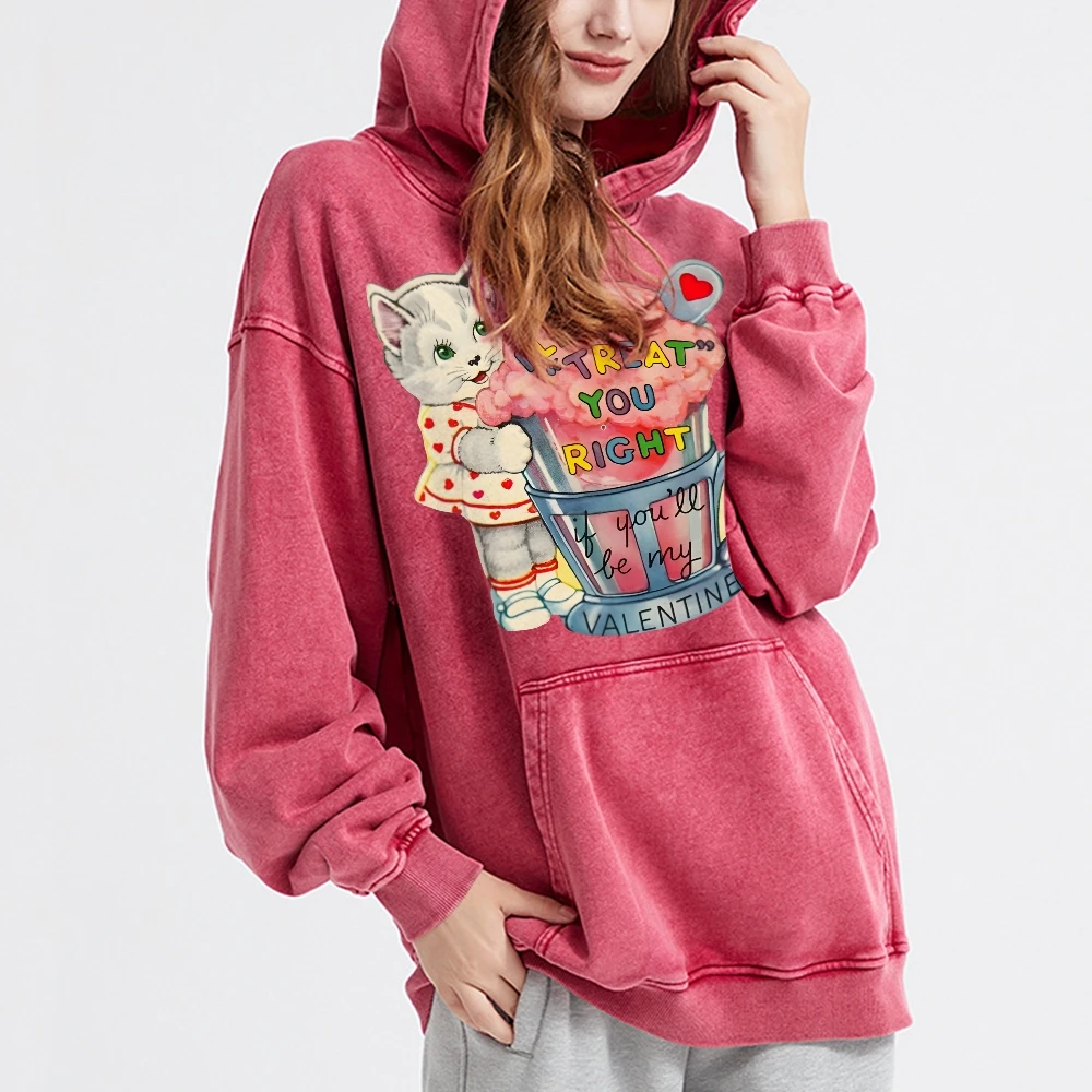 Y2k Style Hooded Sweater Pure Cotton Retro Washed High Quality Cute Pink Kitten Flower Print Shoulder Down New Hoodie Sweatshirt