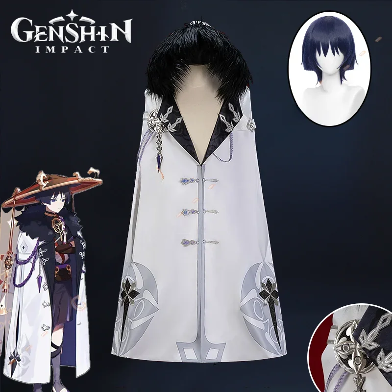 

Genshin Impact Scaramouche Cosplay Costume Wig Balladeer Hooded Cloak Fatui Harbingers Uniform Cape Halloween Party Women Men