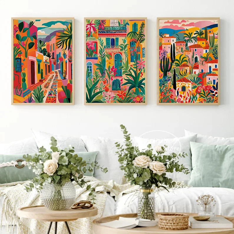 Abstract Morocco Colorful House Architecture Plants Cityscape Illustration Poster Canvas Painting Wall Art Picture Home Decor view 2