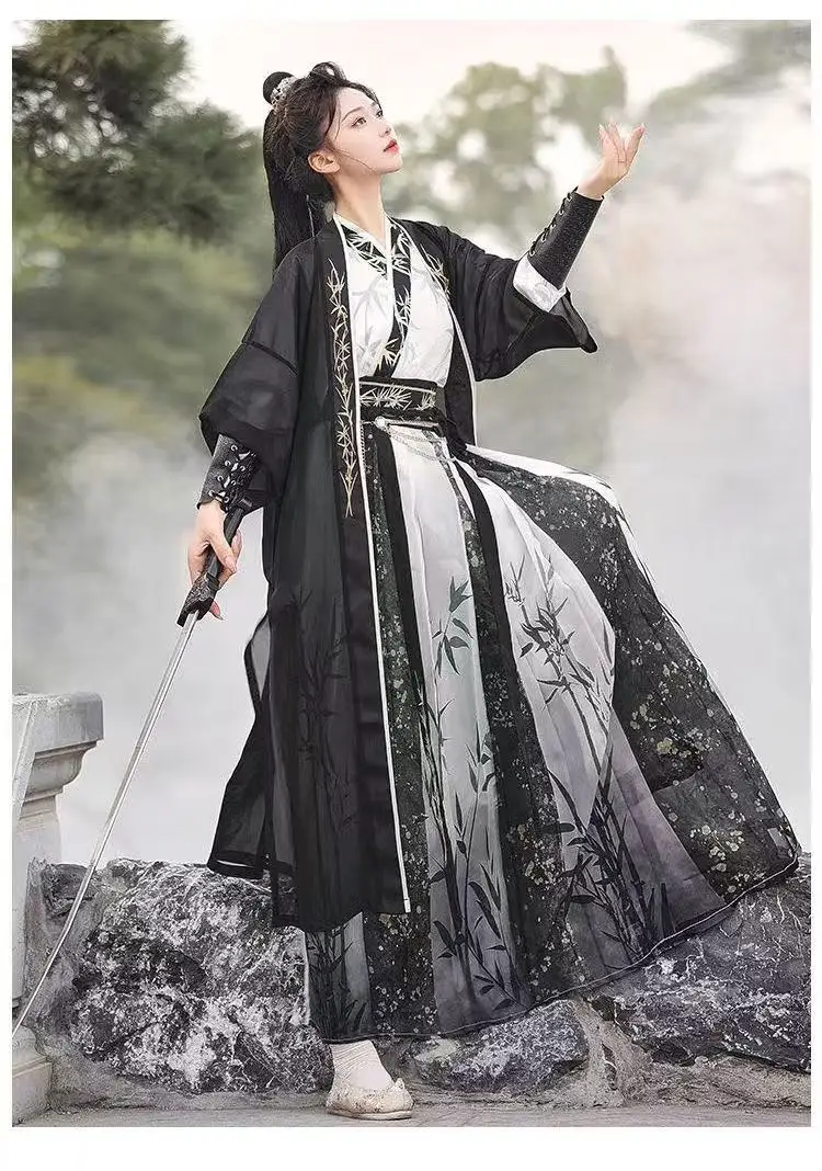 고대 무술 Hanfu 남자 여자 전통 대나무 인쇄 크로스 칼라 의상 빈티지 할로윈 코스프레 무대 쇼 정장