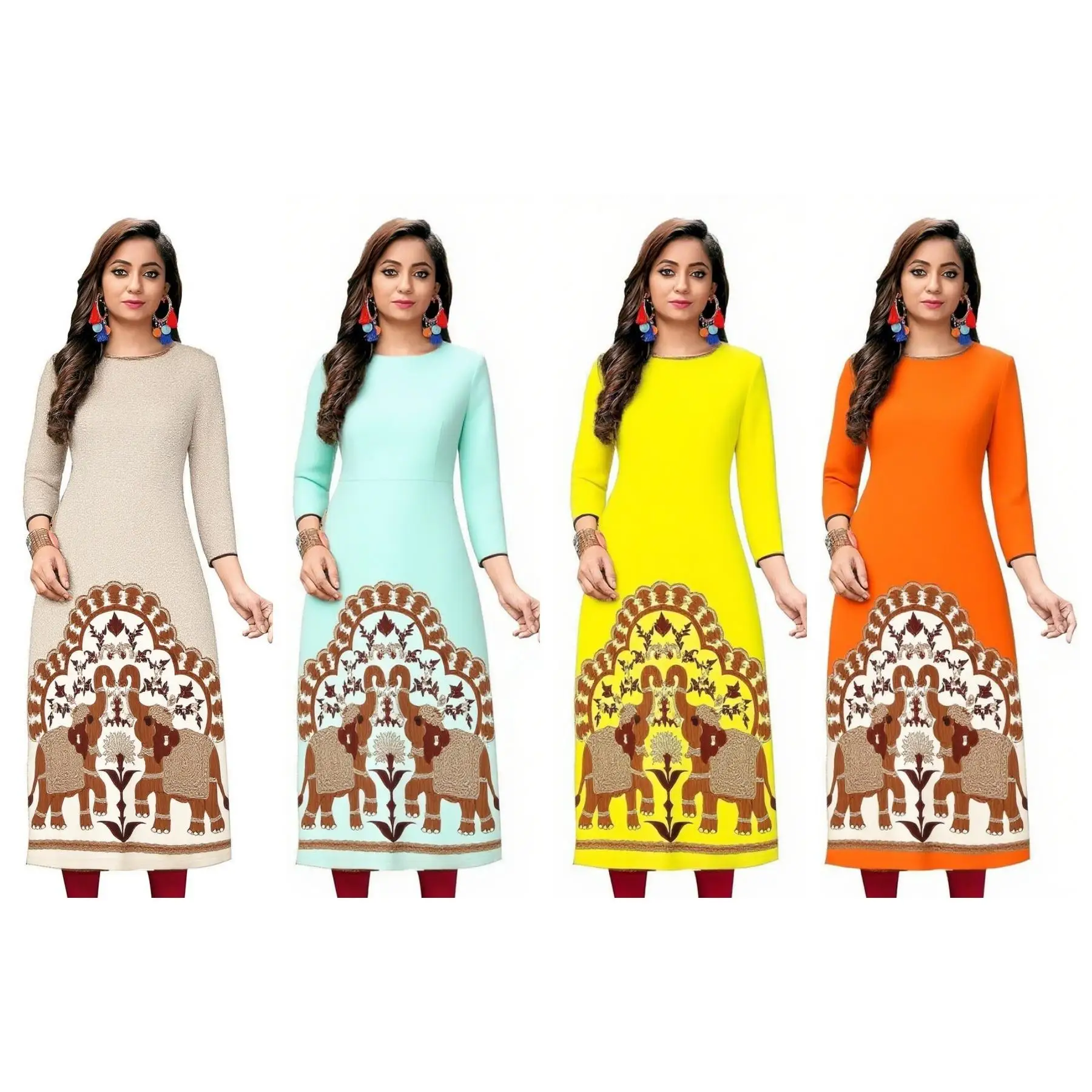 Abito da donna kurt alla moda ed elegante a maniche lunghe, tubo dritto, casual, girocollo, colore modello elefante