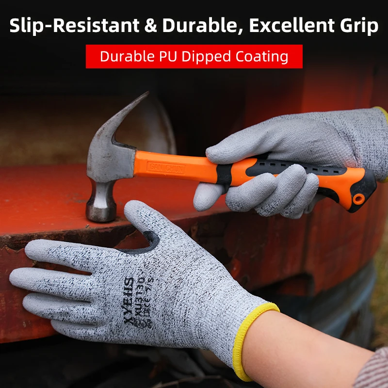 XYEHS Level B Cut-Resistant Work Gloves, PU Coated, Reinforced Crotch, Anti-Slip for Automotive/Metalworking/Construction