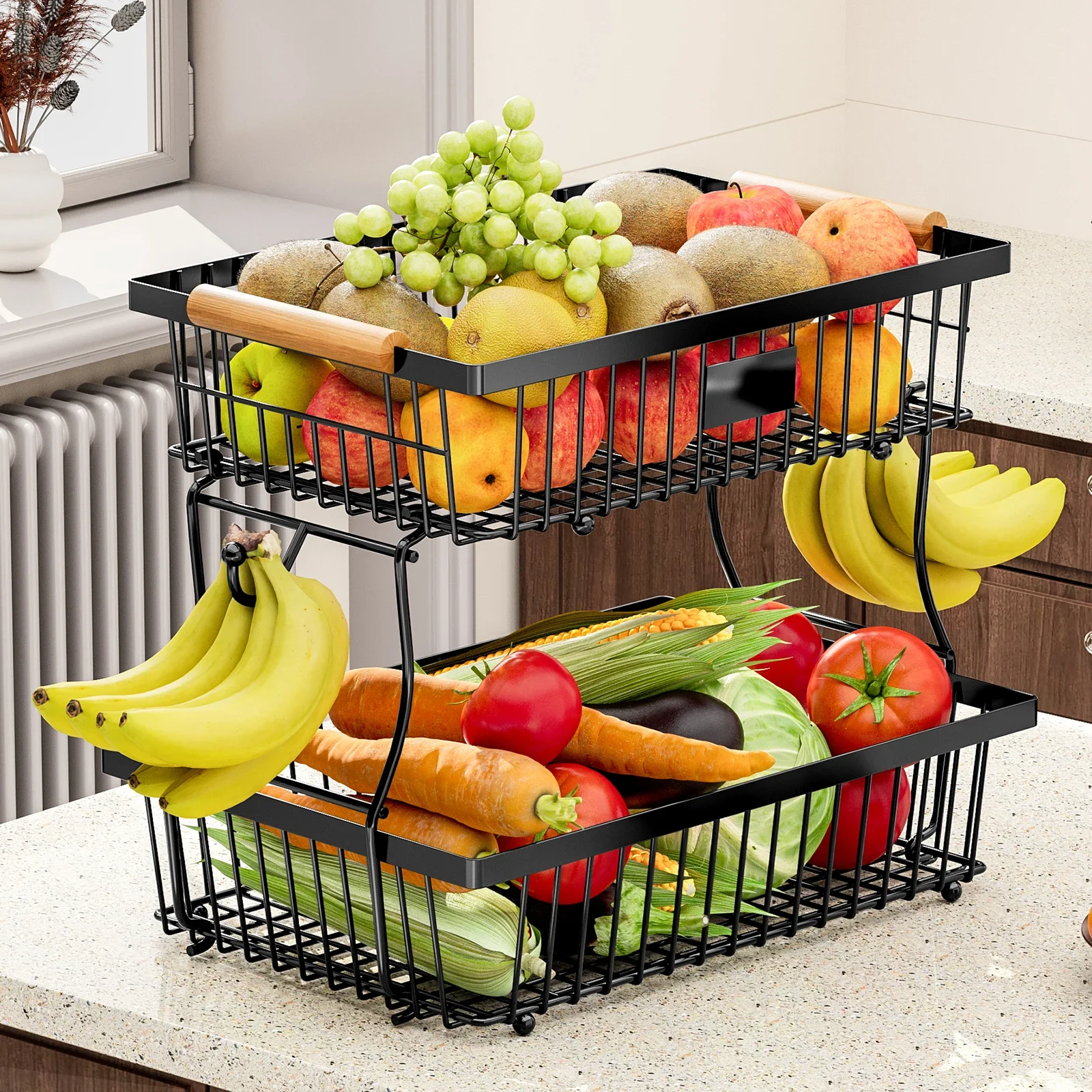 

fruit basket vegetable basket,Metal storage basket with hook and wooden handle,Stackable and removable kitchen storage rack