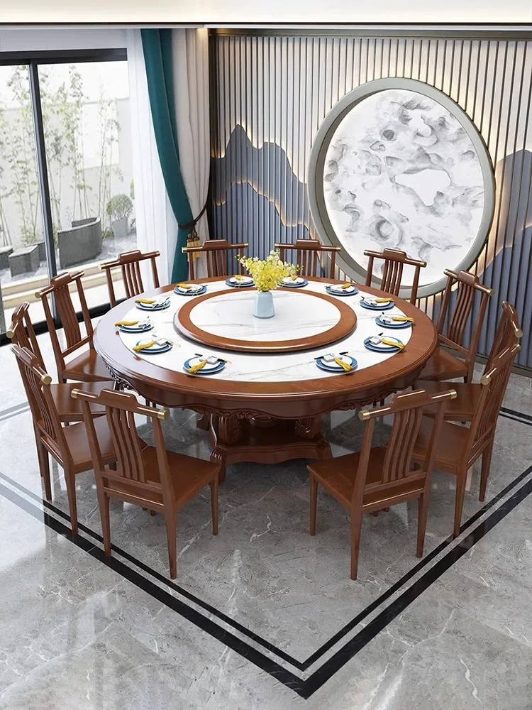 Solid wood dining table New Chinese round rock slab induction cooker Hot pot dining table Household hotel large round table 2m