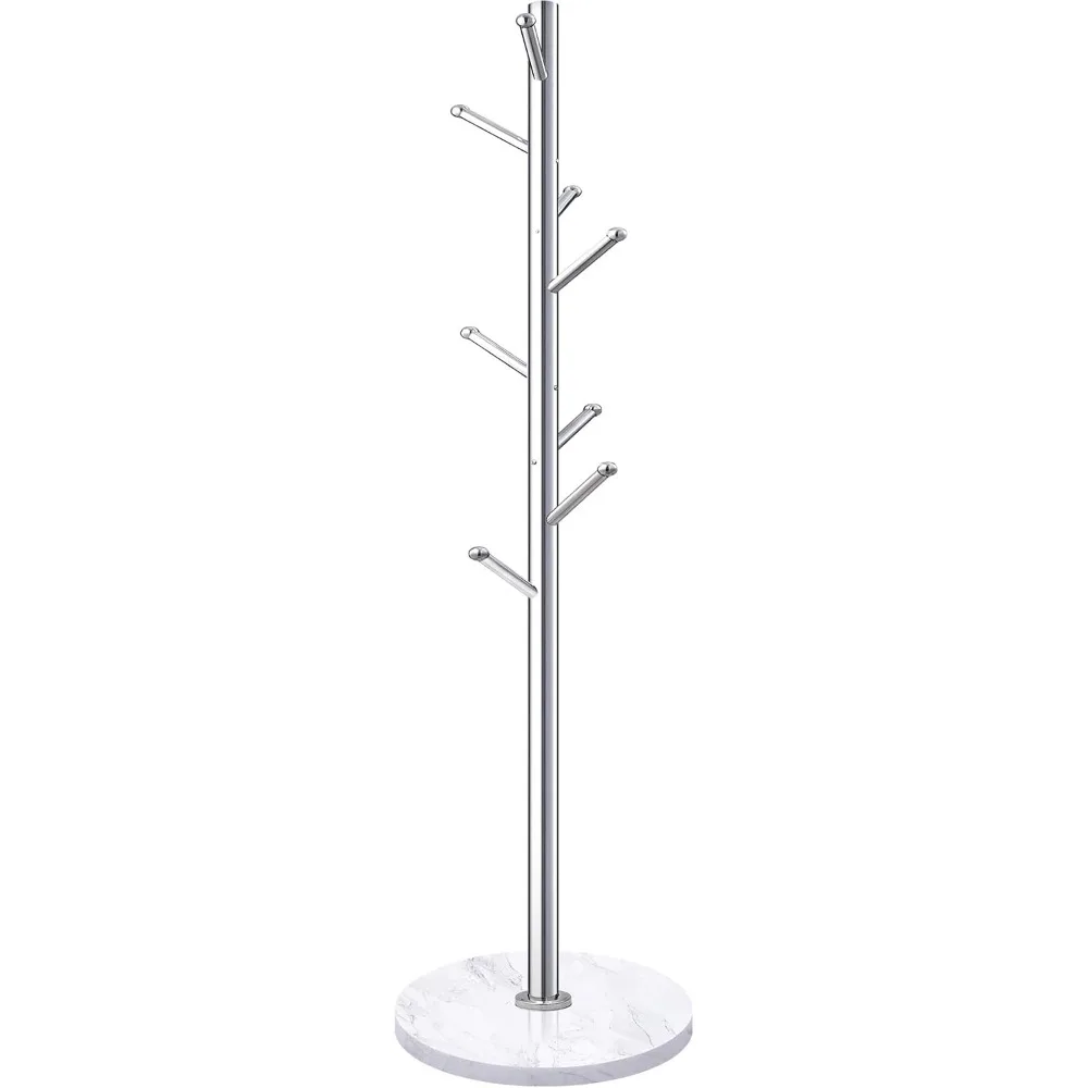 Metal Coat Rack Stand with Natural Marble Base, Stainless Steel Freestanding with 8 Hooks, Hall Tree (Silver)