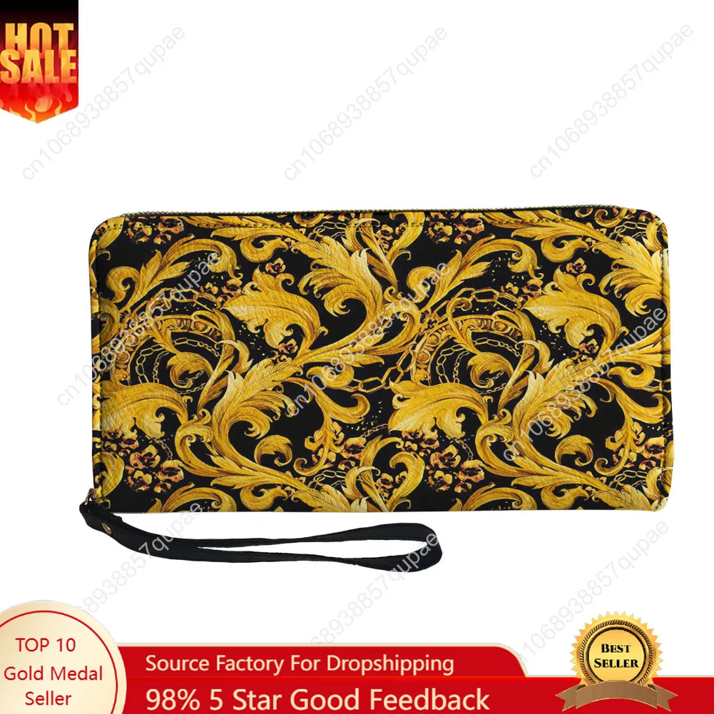 

Baroque Gold European floral pattern Custom Wallet Purse Mens Womens Zipper Long Wallets Double Print Portable Wallet Gift Bag