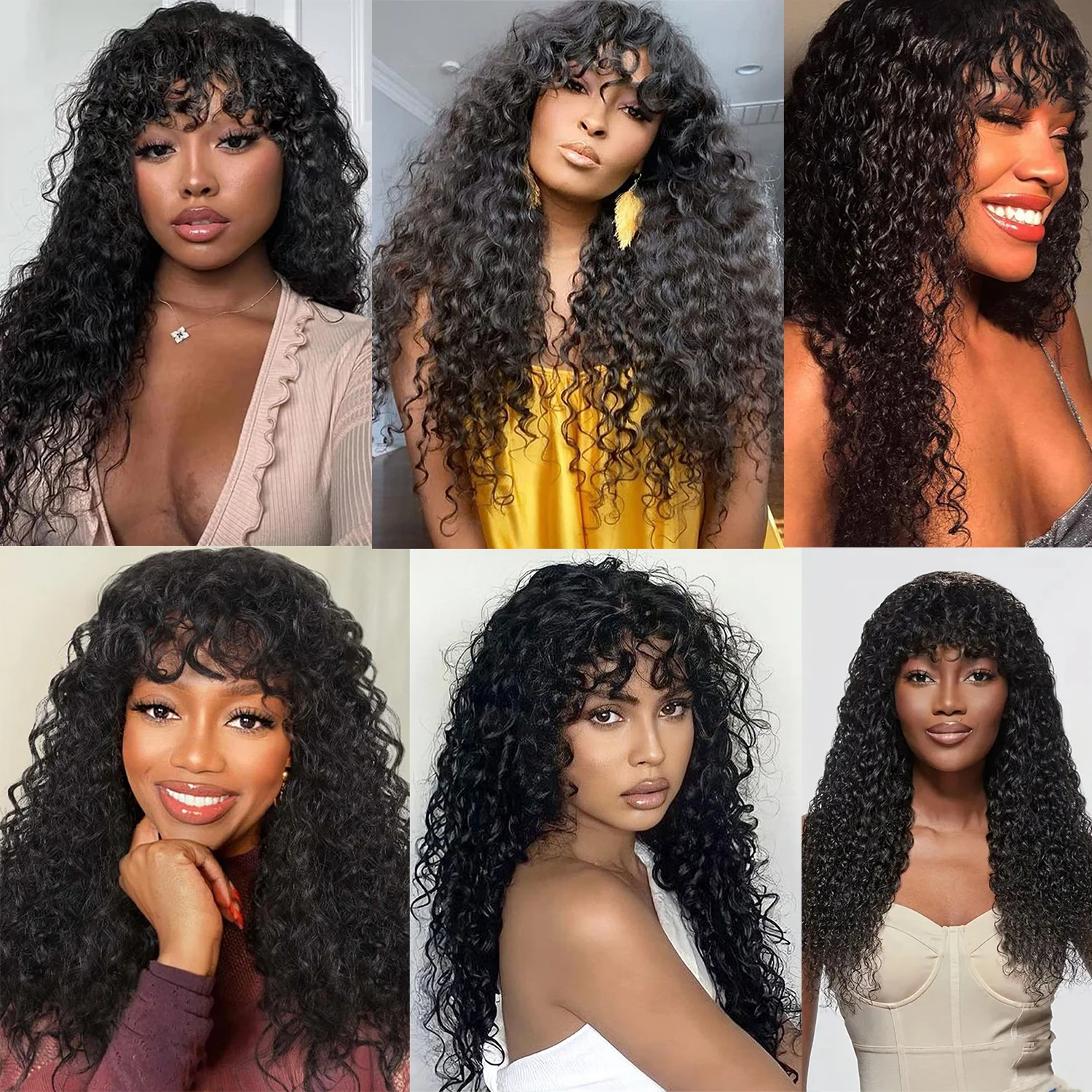 الباروكات موجة المياه شعر مستعار البرازيلي خصلات الشعر المستعار للنساء خصلات الشعر المستعار الإنسان مع الانفجارات شعر مستعار مجعد آلة صنع الشعر المستعار المياه العميقة 180%