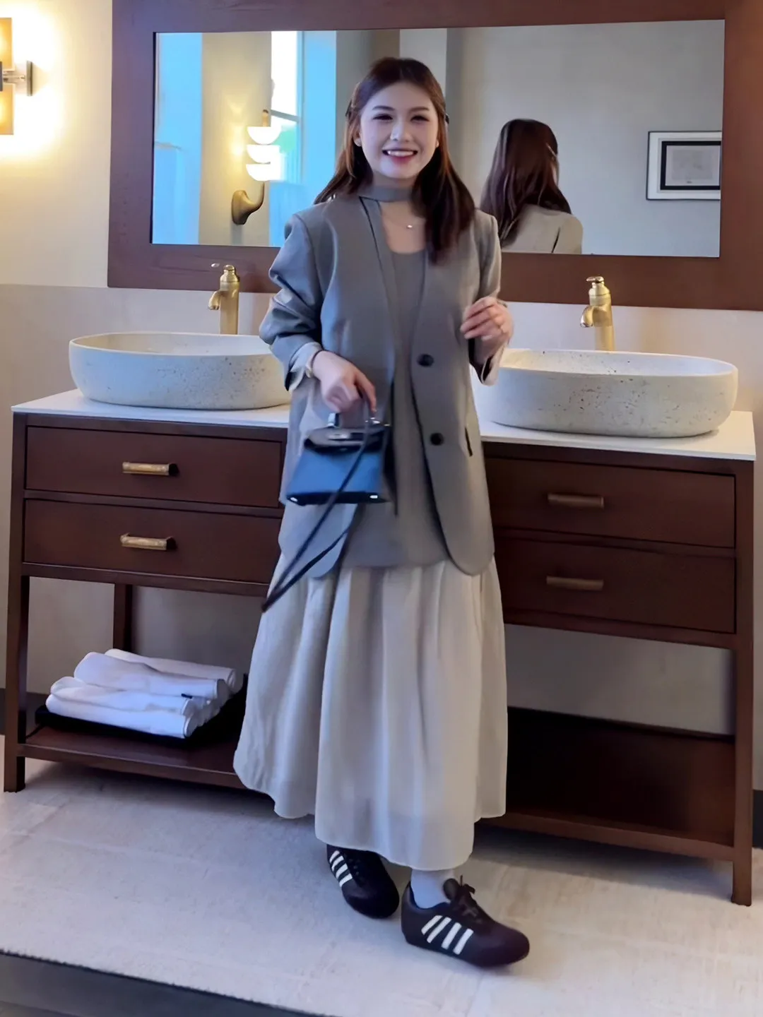 plus Size Women's Korean Style Simple Suit Jacket And Dress Two-Piece Set Autumn New Arrival Color Block High Waist Long Sleeve