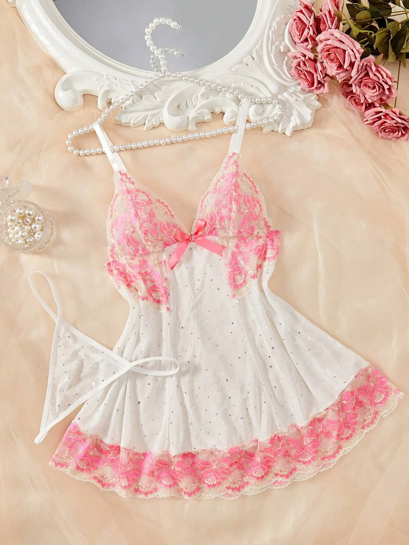 

2-Piece Lace Trim Cami Dress Set with Sequins and Bow Detail
