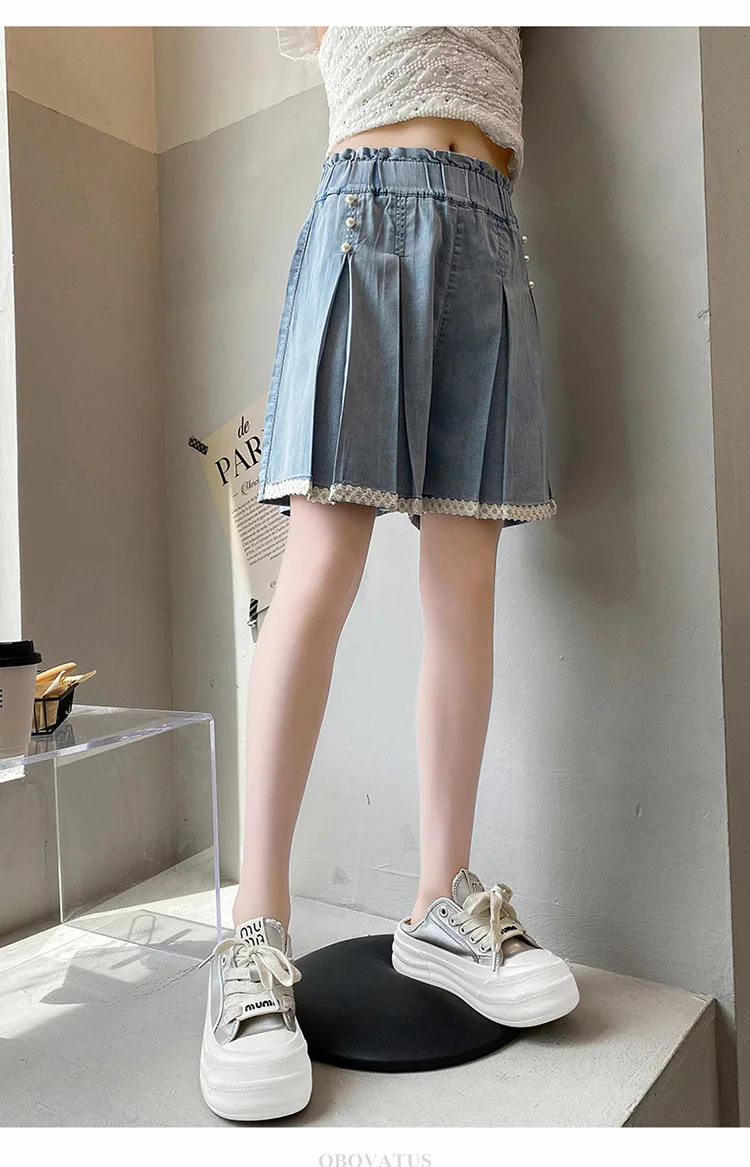 Sommer-Jeansshorts für Kinder mit Spitze am Saum, für Mädchen, elegante, plissierte Mini-Jeansshorts mit Perlen, Größe 5, 7, 9, 11, 13, 14 Jahre. – Detail 6