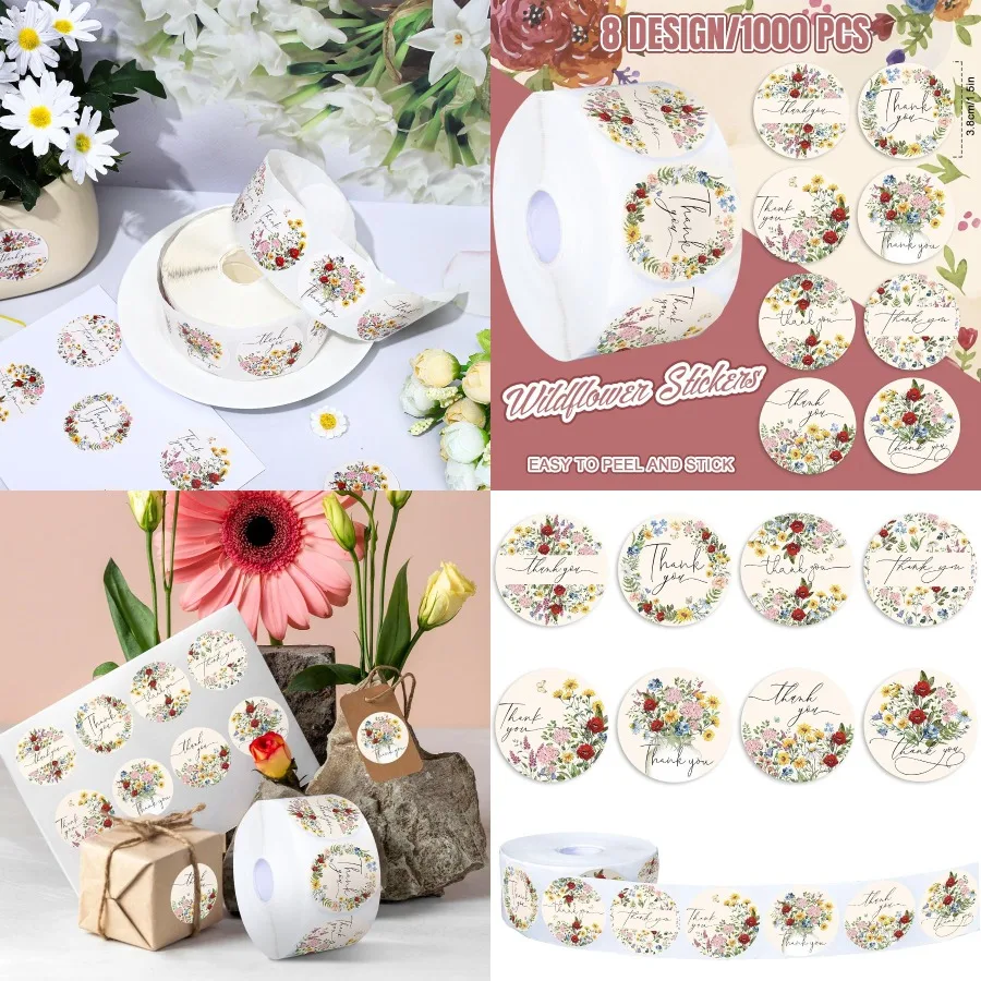 

1000Pcs Floral Thank You Stickers Roll Spring Vintage Wildflower Label Decals Colorful Flower Self-Adhesive Stickers for Gift E