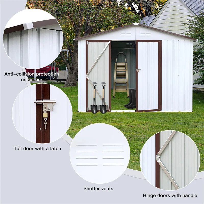 

8x6ft Metal Garden Shed with Apex Roof Sunproof Punched Vents Hinged Door Padlock 2x Stronger Steel White Off White Storage