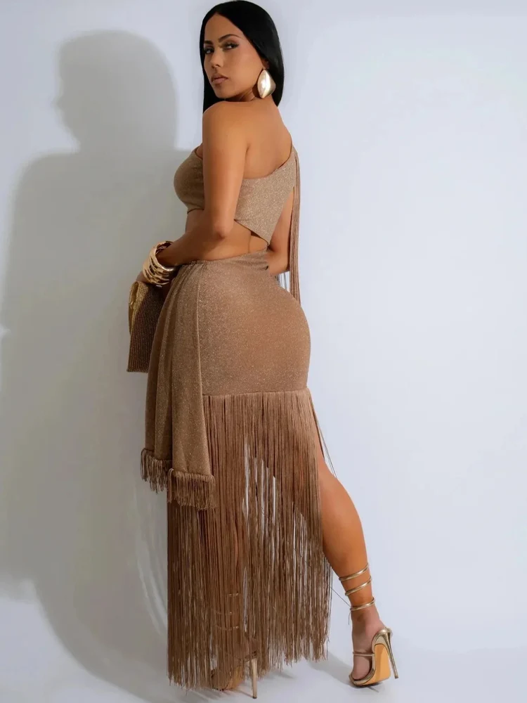 Kricesseen Vestido sexy de fiesta con un solo hombro y purpurina para mujer con borlas y bodycon para eventos de noche/club