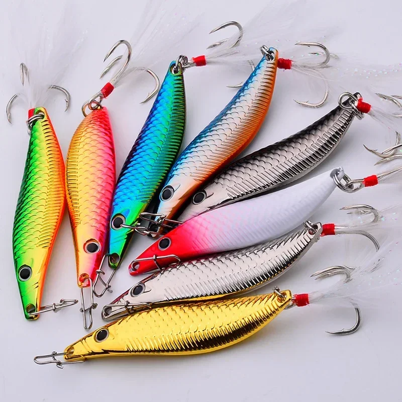 Leech Spinners Spoon Lures Metal VIB 7g 15g 20g Artificial Bait With Feather Hook Night Fishing Tackle for Bass Pike Perch