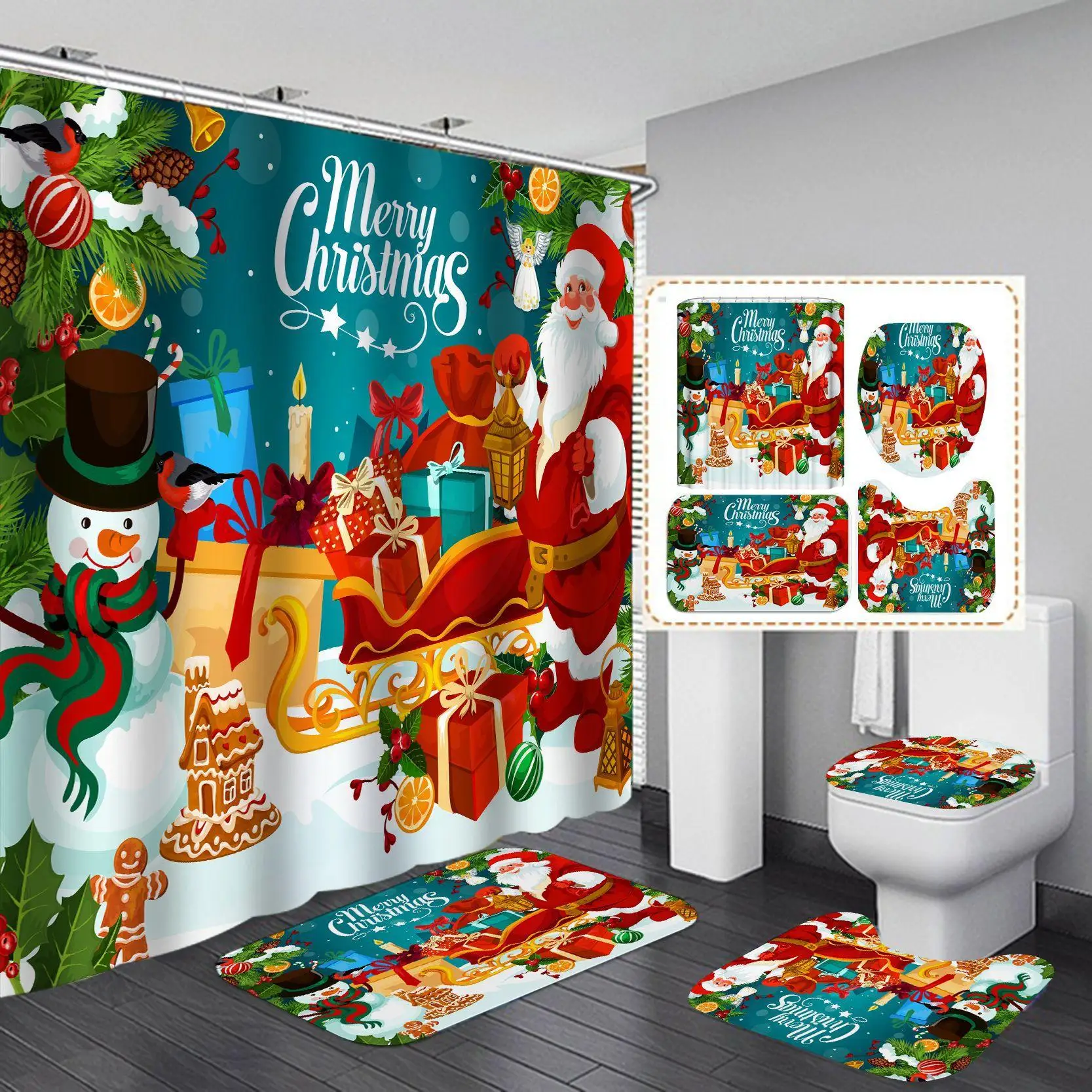 4pcs Christmas Snowman Waterproof Bathroom Curtain Non Slip Mat Set Thickened Mildew Resistant Shower Curtains for Holiday Decor