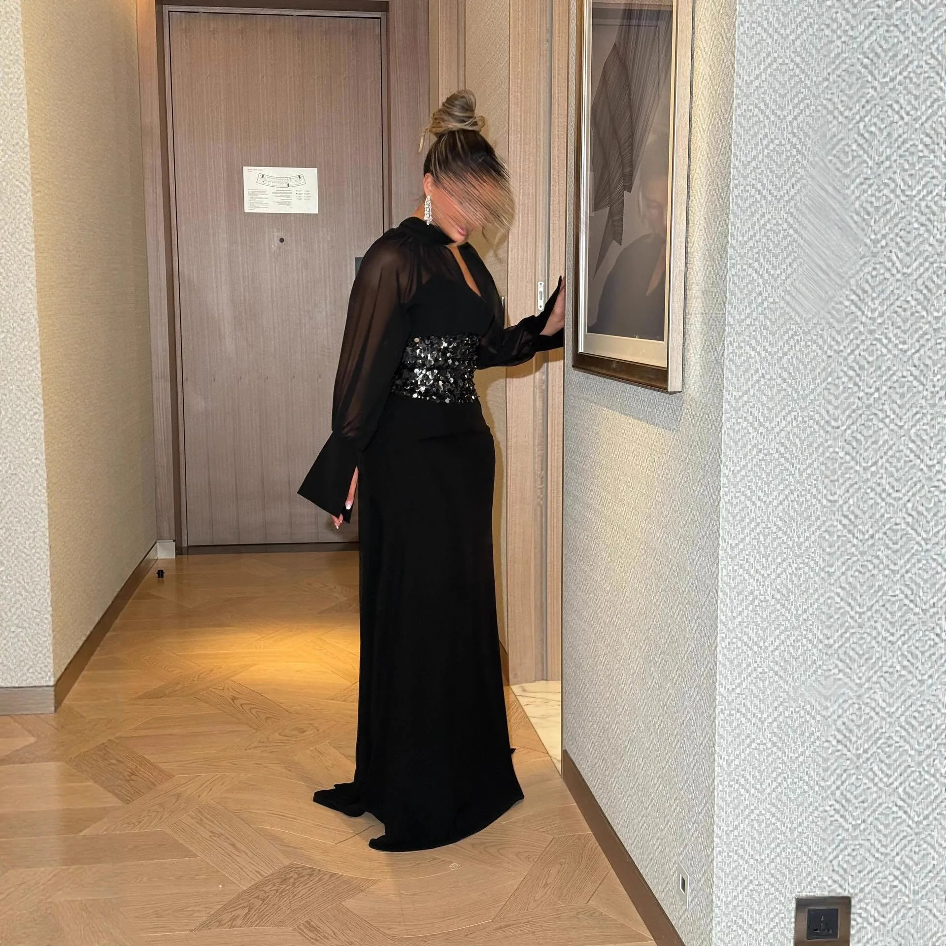 Women's Elegant Deep V Neck Long Sleeve Chiffon Dress with Fitted Waist Belt and Sweep Train for Wedding Guest Prom Party