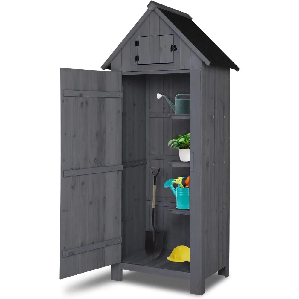 Outdoor Wooden Storage Shed, Garden Shed Outside Tool Cabinet with Safety Latch, Patio Storage Organizer (Dark Grey)