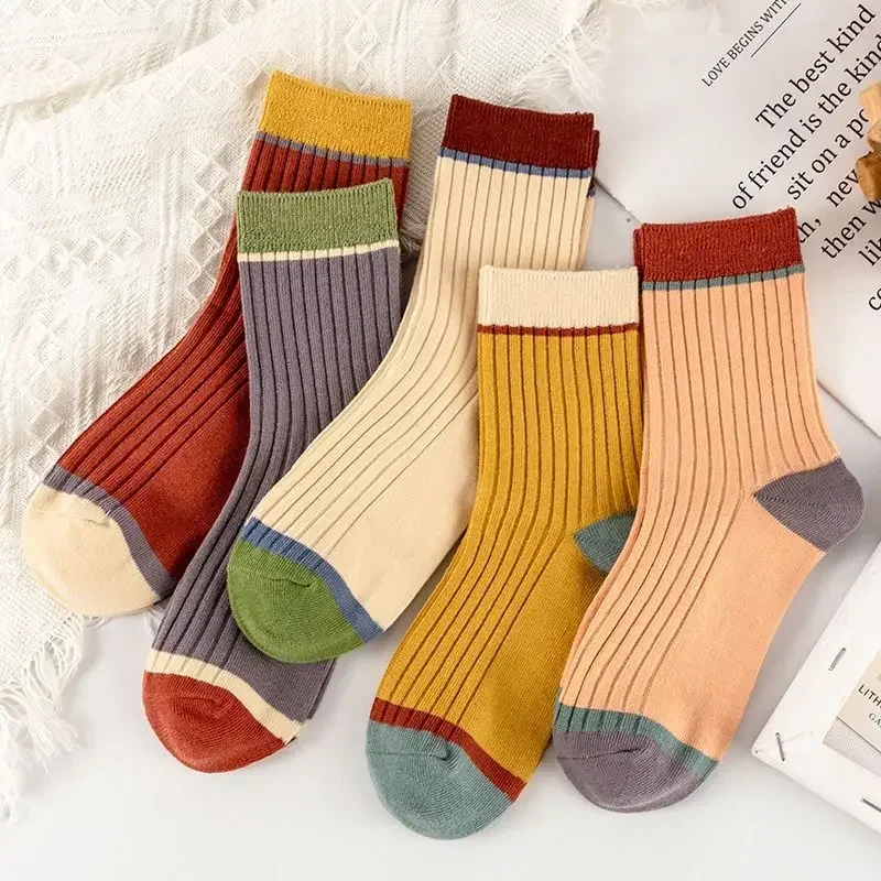 5Pairs Striped Women Socks Harajuku Retro Solid Color Mid-tube Socks Autumn Winter Breathable Sweat-absorbent Sock for Women