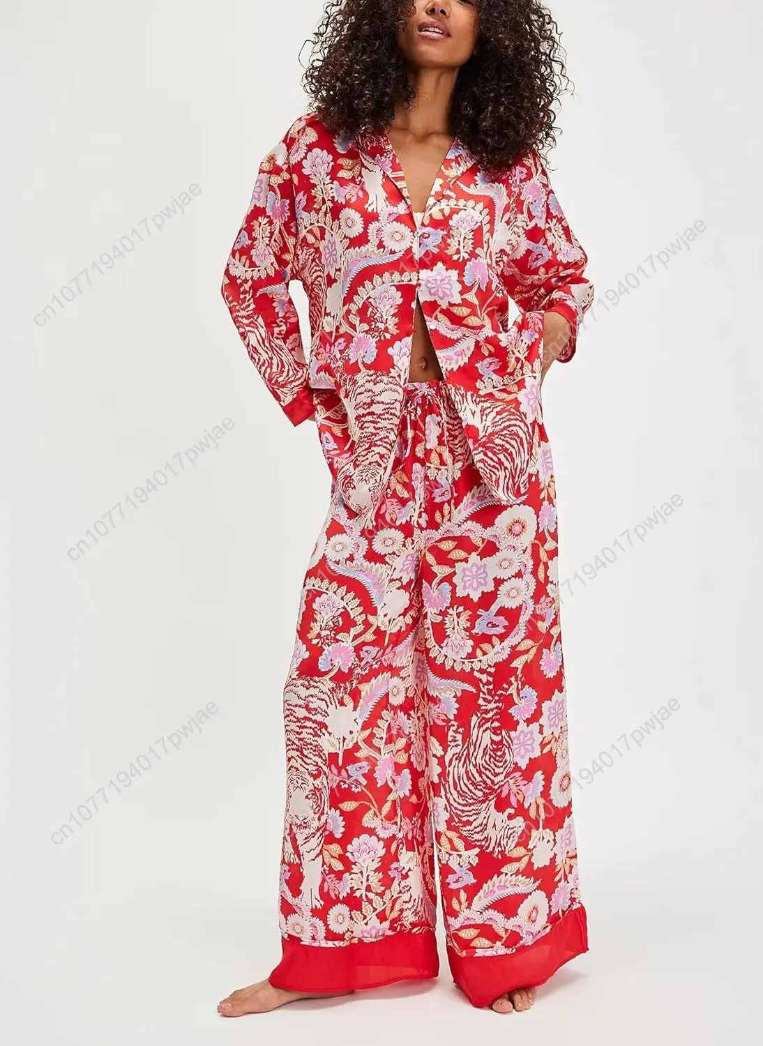 ชุดนอนผ้าไหมสไตล์ Y2K สำหรับผู้หญิง ลายดอกไม้ เสื้อเชิ้ตแขนยาวติดกระดุม กางเกงขายาวทรงกว้าง ชุดลำลอง 2 ชิ้น