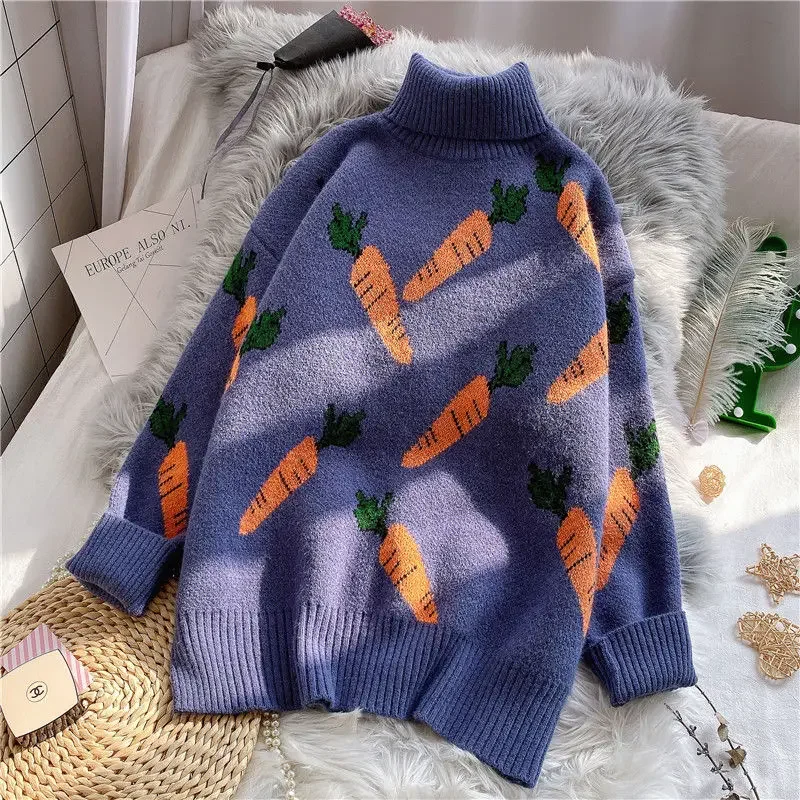 EBAIHUI Knitted Sweater Women Carrot Pattern Long Sleeve Pullover Loose High-necked Blue Yellow Sweater Autumn Winter 2020