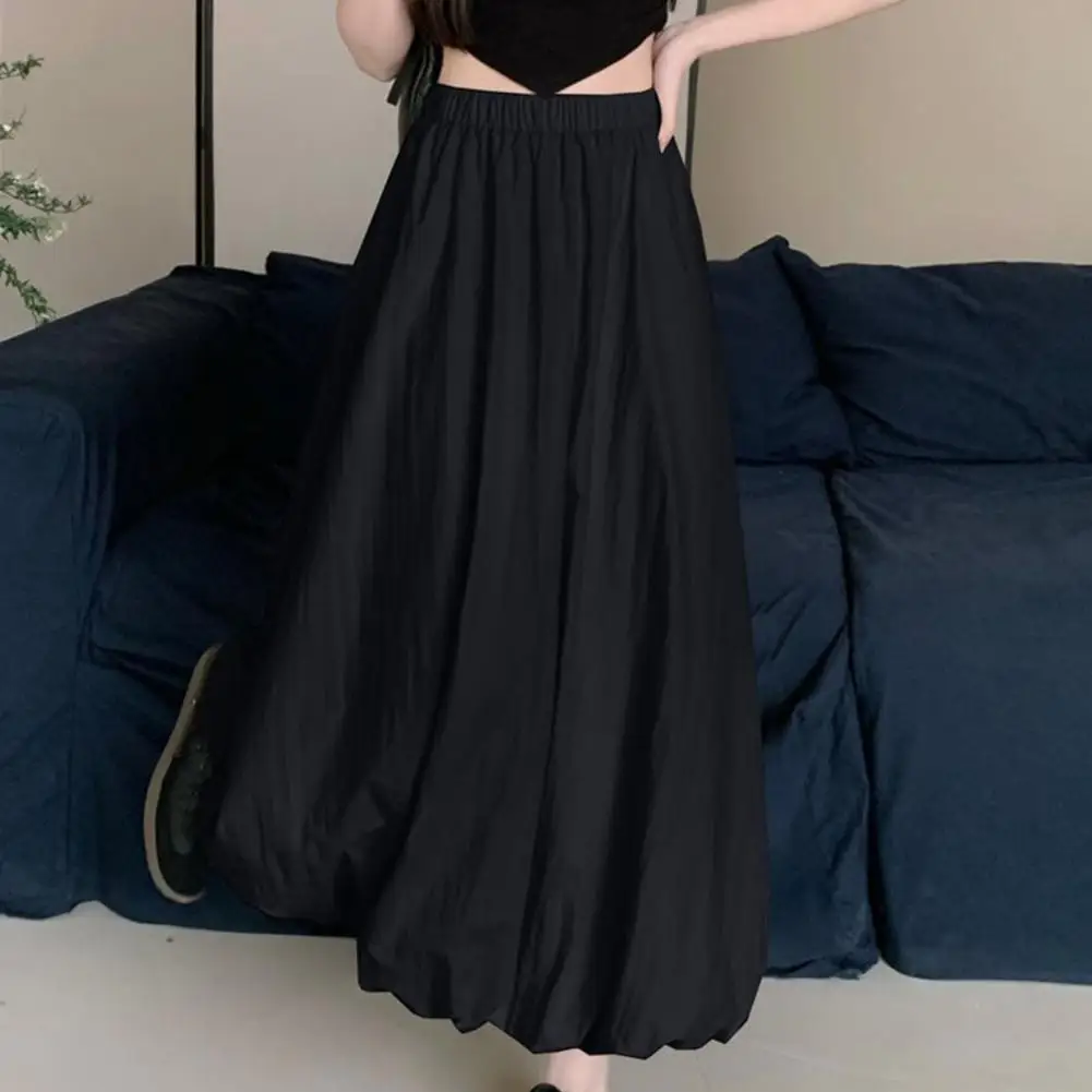 High-waisted Skirt Elastic High Waist Bubble Maxi Skirt Ankle-length Lantern Skirt Solid Color A-line Streetwear for Spring