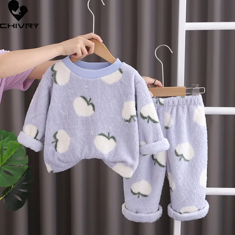 New Autumn Winter Kids Thicken Warm Flannel Pajamas Baby Boys Girls Cartoon Strawberry O-neck Clothing Sets Sleepwear Pyjamas