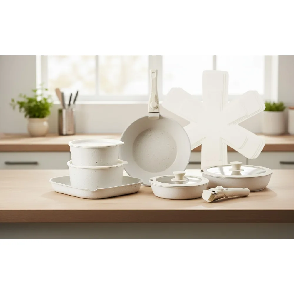 

17-Piece Nonstick Cookware Set with Detachable Handles, Space-Saving Induction Pots & Pans for RV Kitchen Cooking