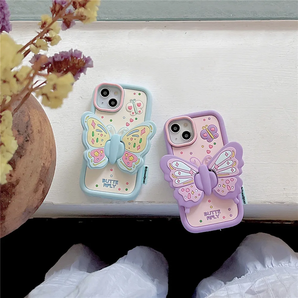 Cute 3D motylkowy futerał na telefon dla iPhone 11 12ProMax stojak Fundas dla iPhone 13 14 15 Pro Max silikonowa osłona cofania