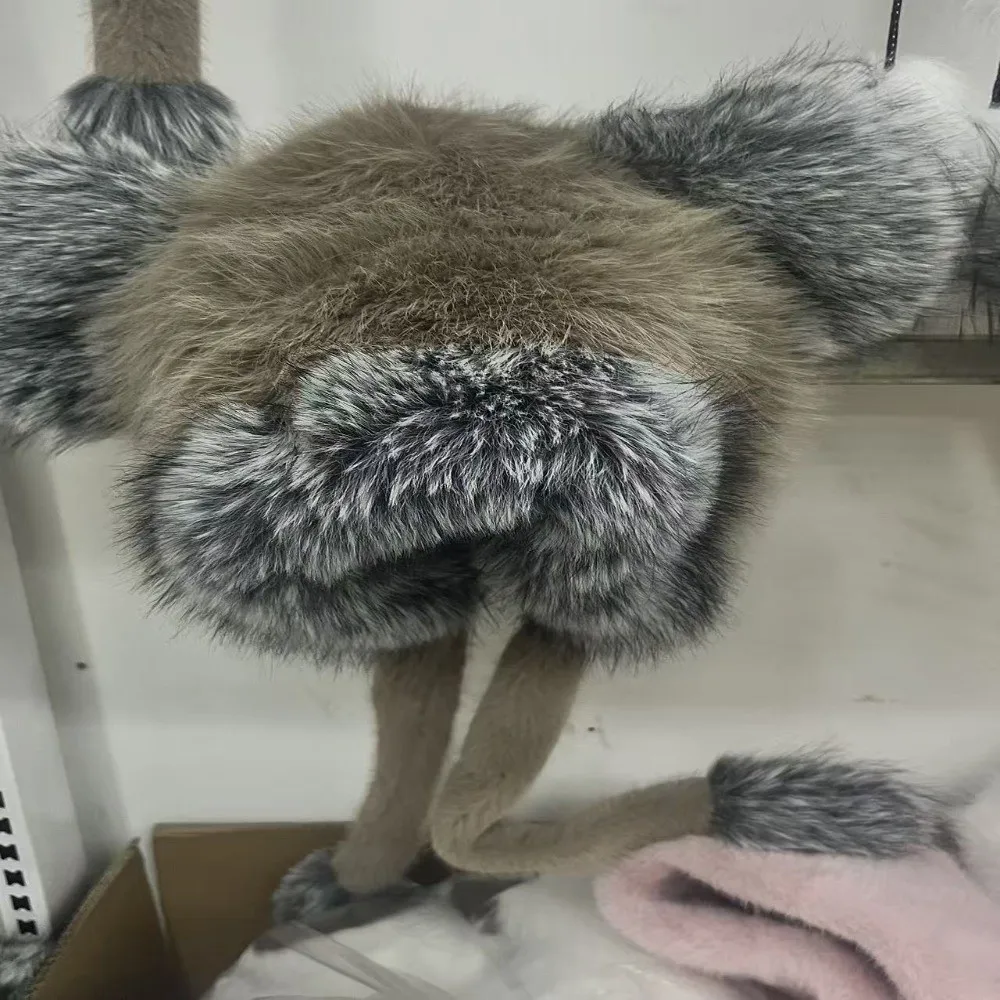 Polyester Material Faux Fur Trapper Hat Large Head Circumference 63cm Thick Warm Lining Winter Ear Flap Hat