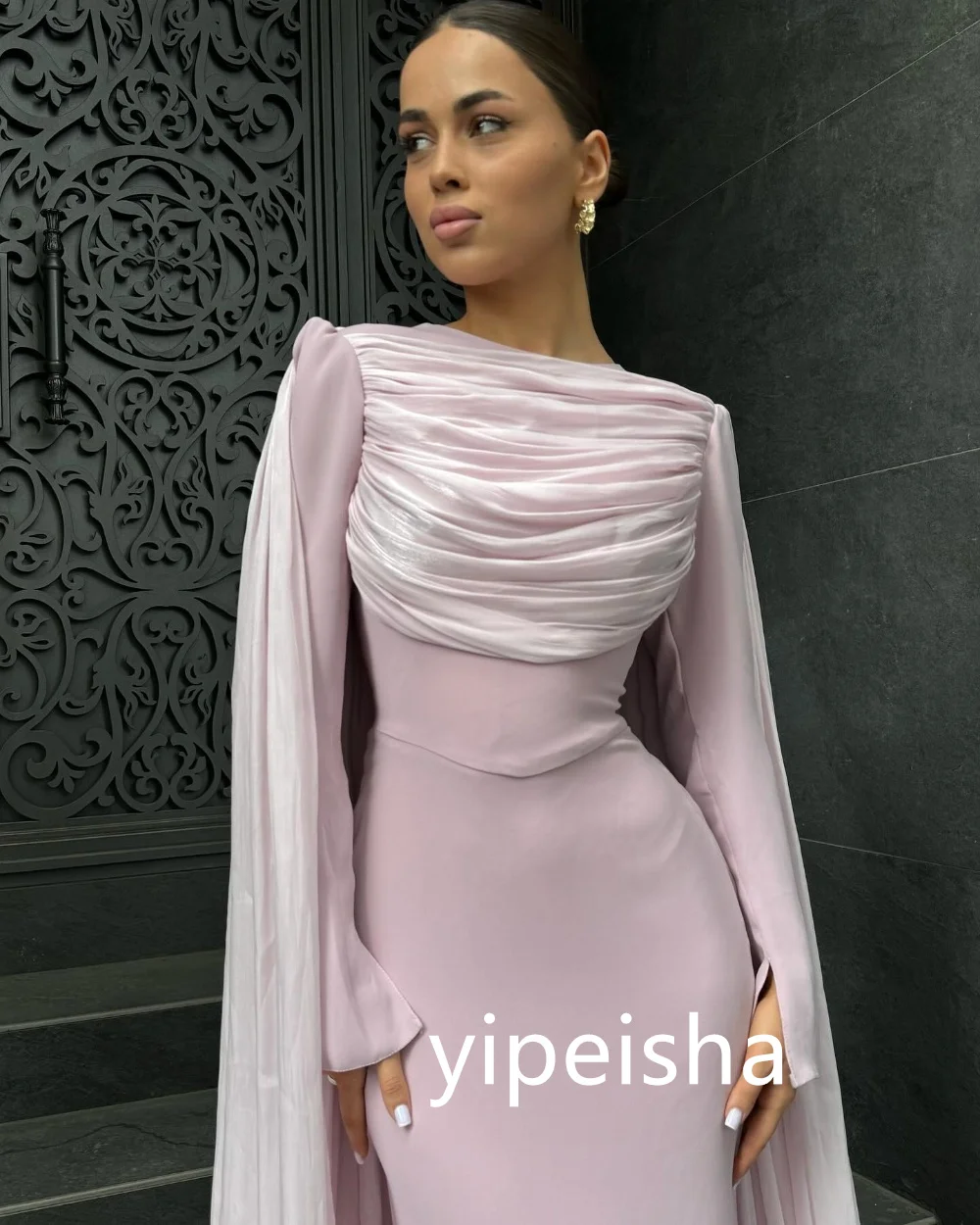 Customized Exquisite Jersey Pleat A-line O-Neck Midi Dresses Prom Dresses Modern Style Pastrol Unisex Chinese Style Formal Casua