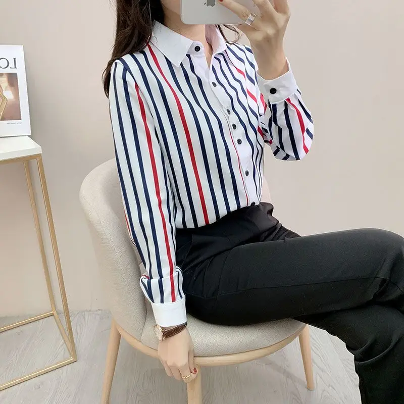 Fashion New 2023 Striped Long Sleeved Shirts Spring Summer Casual Thin Single Breasted Button Blouses Turn-down Collar Clothes