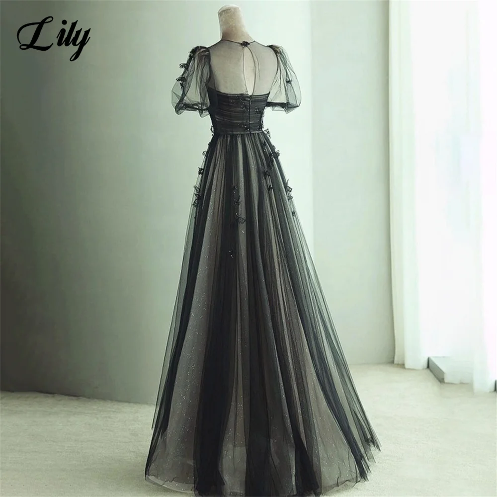 Lily O Neck Long Party Dresses Appliques Pleat Beach Vintage Night Dress Short Sleeves Net Celebrity Dresses vestidos de fiesta