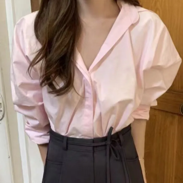 

Chic Vintage Design Long Sve Button up Pure Color Versatile Women's irt for Commuting Autumn Faion Anti-Aging Trend